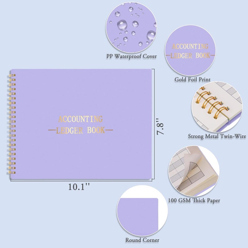 Hautoco Accounting Ledger Book for Small Business Bookkeeping Home Budget Tracking with 2 Storage Pouch, Accounting Log Journal Personal Money Ledger Expense Tracking Notebook 10.1 x 7.8'', Purple - Image 3